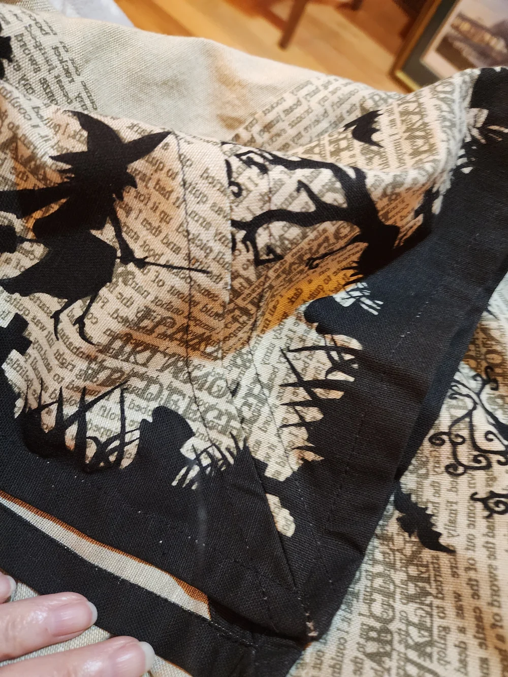 Beige and Black Halloween Dinner Table Cloth Vintage Print Witches Bats Trees